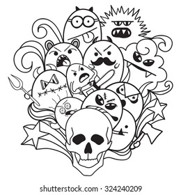 Cartoon vector hand-drawn doodles on the subject of Halloween. Skull.