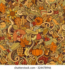 Cartoon vector hand-drawn Doodles on the subject of Thanksgiving autumn symbols, food and drinks seamless pattern. Color background