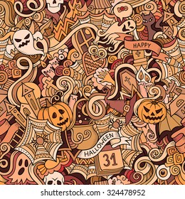 Cartoon vector hand-drawn Doodles on the subject of Halloween symbols, food and drinks seamless pattern. Colorful background