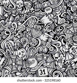 Cartoon vector hand-drawn Doodles on the subject of Halloween symbols, food and drinks seamless pattern. Trace background