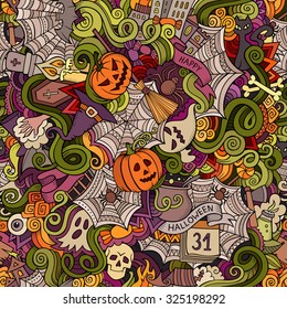 Cartoon vector hand-drawn Doodles on the subject of Halloween symbols, food and drinks seamless pattern. Colorful background
