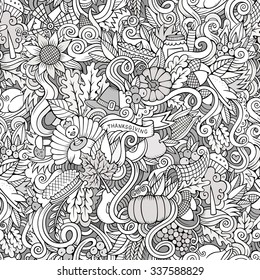 Cartoon vector hand-drawn Doodles on the subject of Thanksgiving autumn symbols, food and drinks seamless pattern. Sketch background