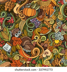 Cartoon vector hand-drawn Doodles on the subject of Thanksgiving autumn symbols, food and drinks seamless pattern. Color background