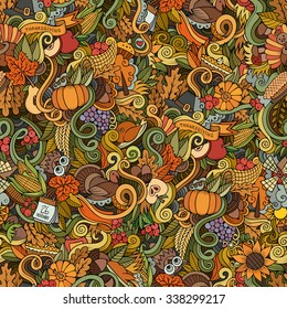 Cartoon vector hand-drawn Doodles on the subject of Thanksgiving autumn symbols, food and drinks seamless pattern. Color background