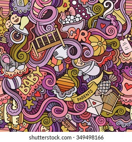 Cartoon vector hand-drawn Doodles on the subject of baby seamless pattern. Colorful background