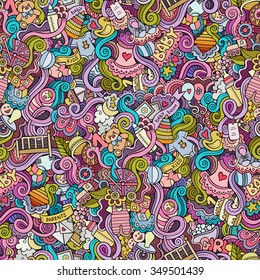 Cartoon vector hand-drawn Doodles on the subject of baby seamless pattern. Colorful background
