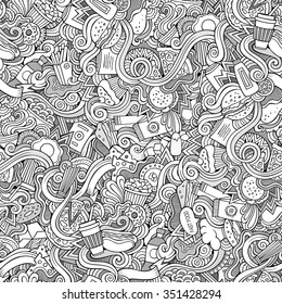 Cartoon vector hand-drawn Doodles on the subject of fast food seamless pattern. Sketchy background