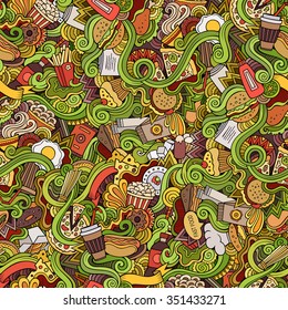 Cartoon vector hand-drawn Doodles on the subject of fast food seamless pattern. Colorful background