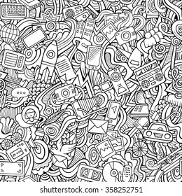 Cartoon vector hand-drawn Doodles on the subject of social media, internet, technical, computer, transport icons and symbols seamless pattern. Sketchy background
