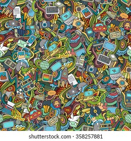 Cartoon vector hand-drawn Doodles on the subject of social media, internet, technical, computer, transport icons and symbols seamless pattern. Colorful background