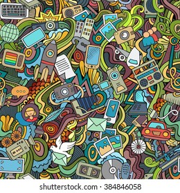 Cartoon vector hand-drawn Doodles on the subject of social media, internet, technical, computer, transport icons and symbols seamless pattern. Colorful background