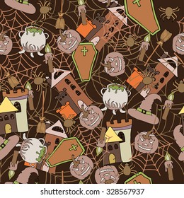 Cartoon vector hand-drawn Halloween Doodles background. Seamless pattern.