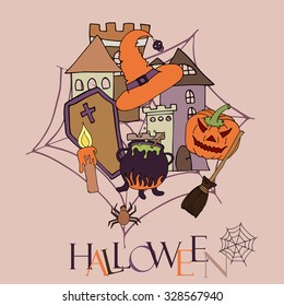Cartoon vector hand-drawn Halloween Doodles background.