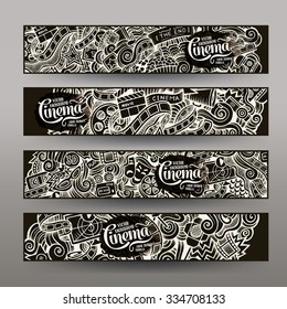 Cartoon vector hand-drawn inverse sketchy trace Doodle on the subject of cinema. Horizontal banners design templates set
