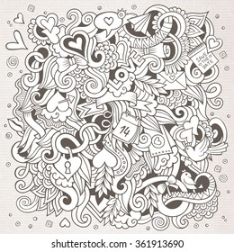 Cartoon vector hand-drawn Love Doodles. Sketchy design background with objects and symbols.