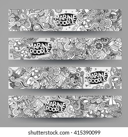 Cartoon vector hand-drawn marine, nautical doodle corporate identity. 4 vertical  banners design. Templates line art set