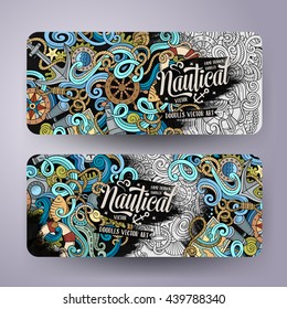 Cartoon vector hand-drawn nautical doodle corporate identity. 2 Horizontal banners design. Templates set