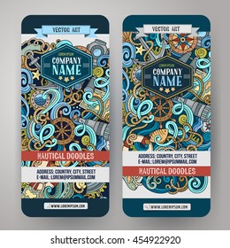Cartoon vector hand-drawn nautical doodle corporate identity. 2 vertical banners design. Templates set