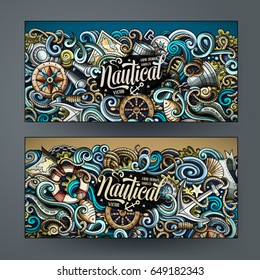Cartoon vector hand-drawn nautical doodle corporate identity. 2 Horizontal banners design. Templates set