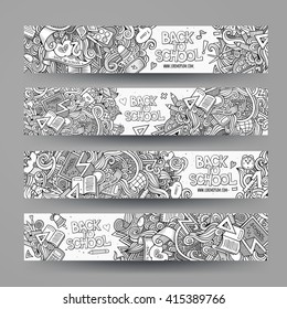 Cartoon vector hand-drawn school doodle corporate identity. 4 vertical  banners design. Templates line art set