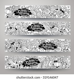 Cartoon vector hand-drawn sketchy Doodle on the subject of Thanksgiving. Horizontal banners design templates set