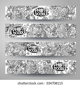 Cartoon vector hand-drawn sketchy Doodle on the subject of photo. Horizontal banners design templates set