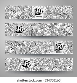Cartoon Vector Hand-drawn Sketchy  Doodle On The Subject Of Art And Craft. Horizontal Banners Design Templates Set