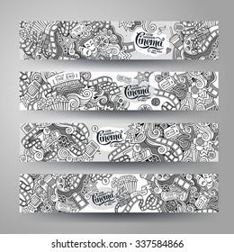 Cartoon vector hand-drawn sketchy Doodle on the subject of cinema. Horizontal banners design templates set