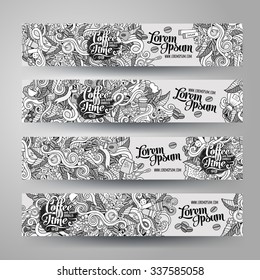 Cartoon vector hand-drawn sketchy Doodle on the subject of coffee. Horizontal banners design templates set