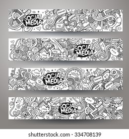 Cartoon Vector Hand-drawn Sketchy Social Media, Internet Doodles. Horizontal Banners Design Templates Set