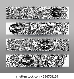 Cartoon vector hand-drawn sketchy trace Doodle on the subject of cinema. Horizontal banners design templates set