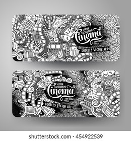 Cartoon vector hand-drawn sketchy trace Doodle on the subject of cinema. 2 Horizontal banners design templates set