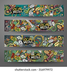 Cartoon Vector Hand-drawn Social Media, Internet Doodles. Horizontal Banners Design Templates Set