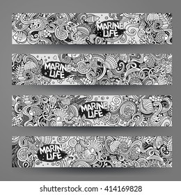 Cartoon vector hand-drawn underwater life, marine doodle corporate identity. 4 Horizontal banners design. Templates line art set