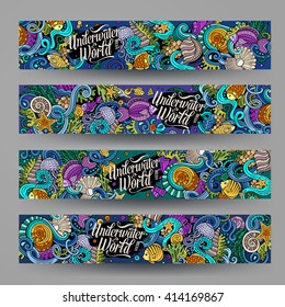 Cartoon vector hand-drawn underwater life, marine doodle corporate identity. 4 Horizontal banners design. Underwater doodle templates set.