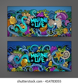 Cartoon vector hand-drawn underwater life, marine doodle corporate identity. 2 Horizontal banners design. Templates set