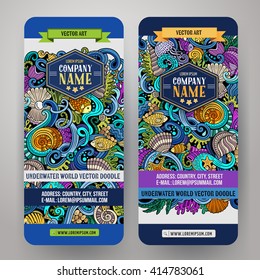 Cartoon vector hand-drawn underwater life, marine doodle corporate identity. 2 vertical banners design. Templates set