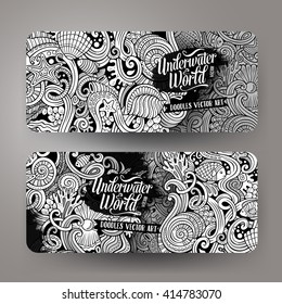 Cartoon vector hand-drawn underwater life, marine doodle corporate identity. 2 Horizontal line art banners design. Templates set