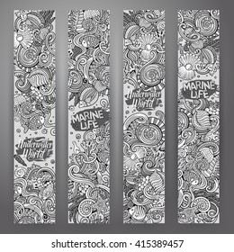 Cartoon vector hand-drawn underwater life, marine doodle corporate identity. 4 vertical  banners design. Templates line art set