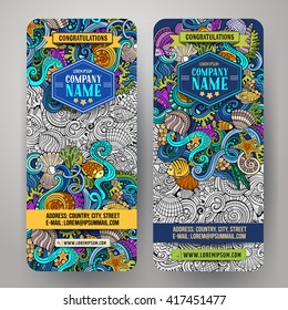 Cartoon vector hand-drawn underwater life, marine doodle corporate identity. 2 vertical banners design. Templates set