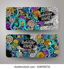 Cartoon vector hand-drawn underwater life, marine doodle corporate identity. 2 Horizontal banners design. Templates set