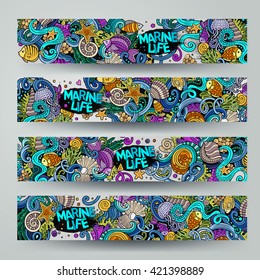 Cartoon vector hand-drawn underwater life, marine doodle corporate identity. 4 Horizontal banners design. Templates set