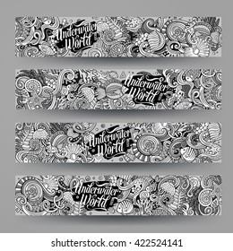 Cartoon vector hand-drawn underwater life, marine doodle corporate identity. 4 Horizontal banners design. Templates line art set