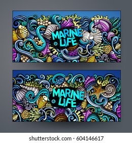 Cartoon vector hand-drawn underwater life, marine doodle corporate identity. 2 Horizontal banners design. Templates set