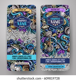 Cartoon vector hand-drawn underwater life, marine doodle corporate identity. 2 vertical banners design. Templates set