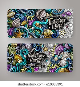 Cartoon vector hand-drawn underwater life, marine doodle corporate identity. 2 Horizontal banners design. Templates set