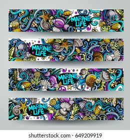 Cartoon vector hand-drawn underwater life, marine doodle corporate identity. 4 Horizontal banners design. Templates set