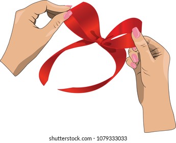 Cartoon vector hands that decorate and hold red bow and hold. Illustration, white background.