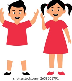 Cartoon vector of a happy boy and girl standing side by side, smiling in red outfits. Suitable for family or children-themed designs.

