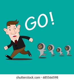 Cartoon Vector Happy Business Man Run With GOAL Mini Human